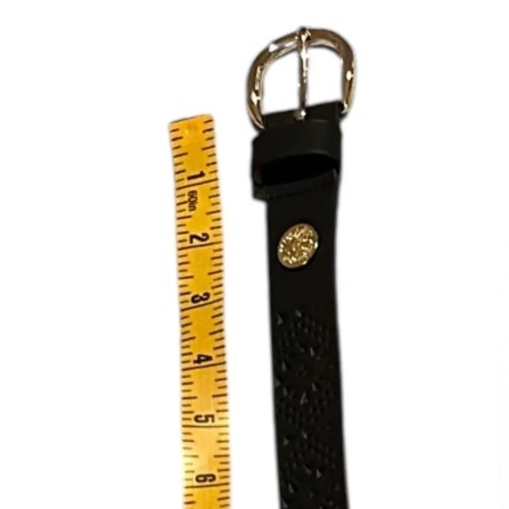 A Vince Camuto black belt with gold Buckle and emblem, size M.